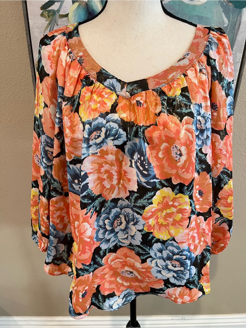 LC Lauren Conrad Coral, Blue and Yellow Floral V-Neck Blouse